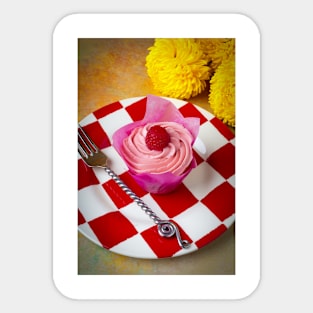 Pink Cupcake On Checker Plate With Yellow Mums Sticker